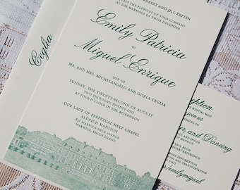 Large Letterpress Wedding Invitation Sample, Wedding Invitation, Green Invitation, Invitation Suite, Illustrated Invitations, Modern Invite