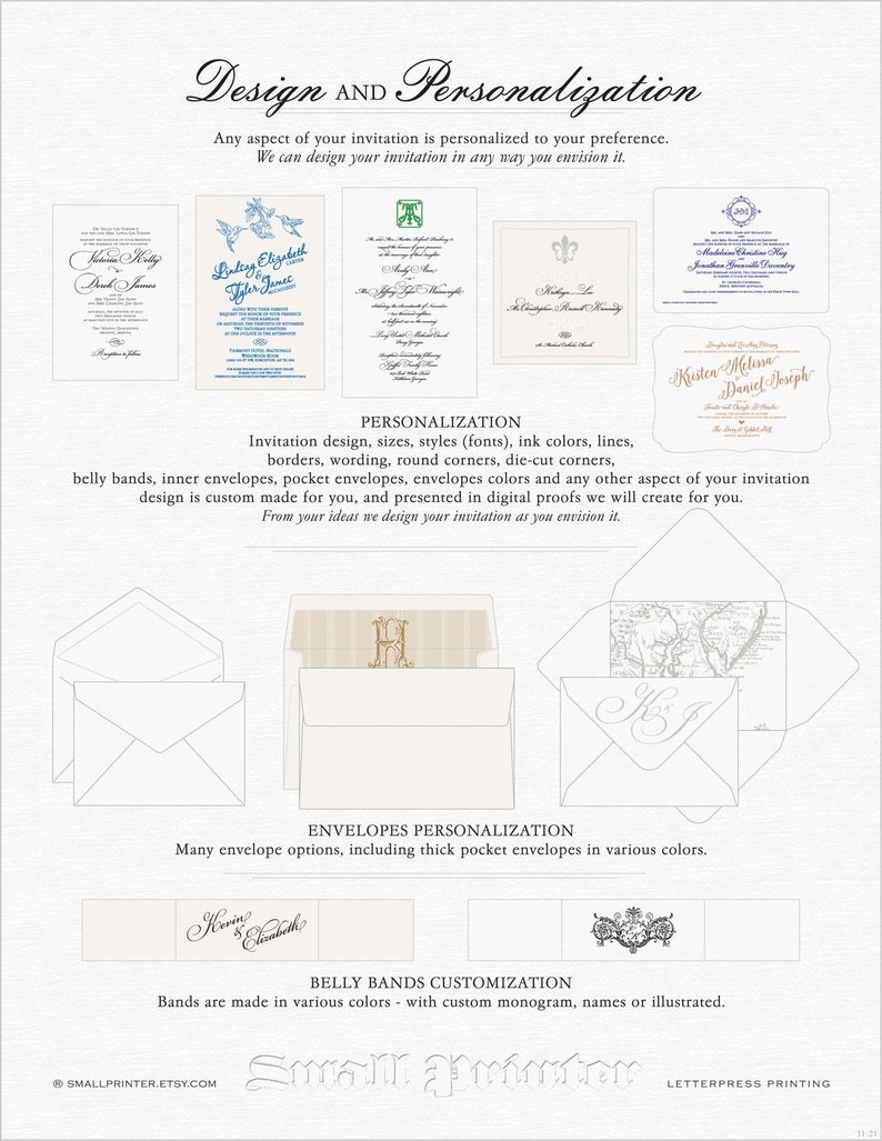 May include: A promotional image showcasing custom invitation design and personalization options. The image displays various invitation styles, envelope options, and belly band designs. Text includes "Design and Personalization" and details about customization.