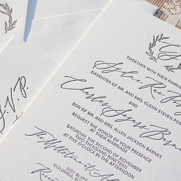 Letterpress Wedding Invitation Suite Sample, Monogram, Modern Wedding, Calligraphic, Windsor, Invitation Suite, Elegant Invitation, Gray