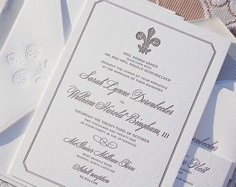Letterpress Wedding Invitation DEPOSIT, Wedding Invitation, French Wedding Invitation, Fleur-de-Lis, Fleur de Lis Invite, Custom Invitation
