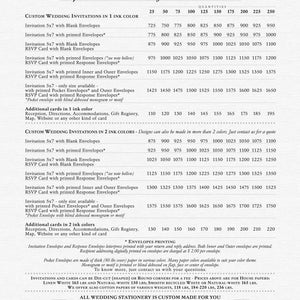 May include: Wedding invitations pricing guide with various options for custom invitations in 1 and 2 ink colors. Includes pricing for different quantities of invitations, RSVP cards, and additional cards. Features details on envelope printing and paper options.