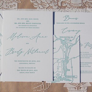 May include: Wedding invitation suite with a light teal script font on white cardstock. The suite includes an invitation, dinner and ceremony cards, and a map. The invitation reads "Madison Anne and Brady Nathaniel".