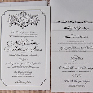 May include: Elegant wedding invitation suite with a decorative border and ornate calligraphy. The invitation includes the names Nicole Christine and Matthew James, along with event details. Additional cards provide accommodation and reception information.
