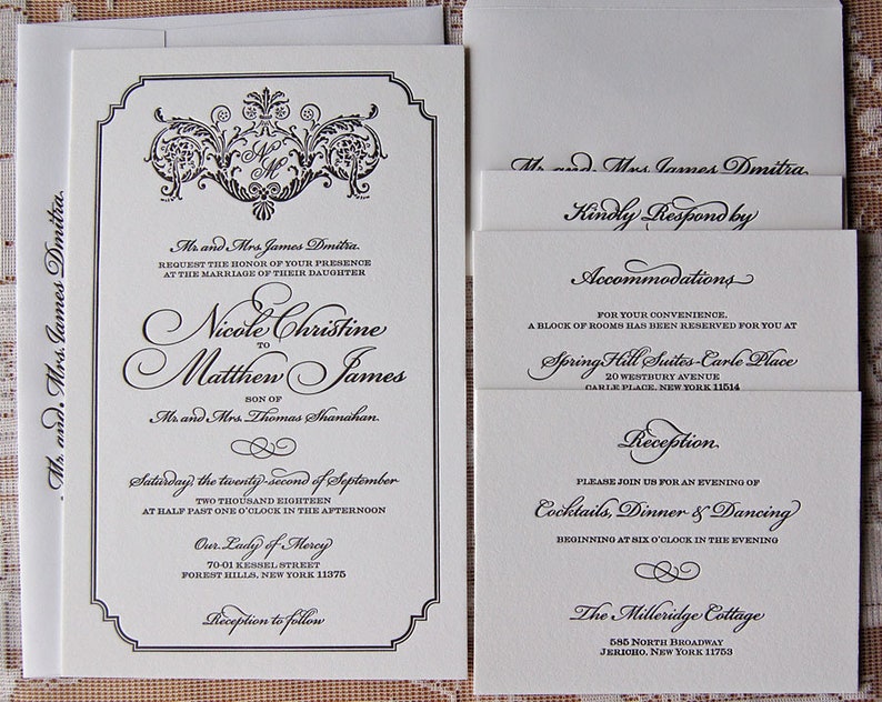 May include: Elegant wedding invitation suite with a decorative border and ornate calligraphy. The invitation includes the names Nicole Christine and Matthew James, along with event details. Additional cards provide accommodation and reception information.