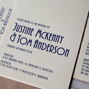 May include: Cream-colored wedding invitation with navy blue text. The invitation reads "You're invited to the wedding of Justine Mckenny & Tom Anderson" with ceremony and reception details. The date is Saturday, 4th August 2018.