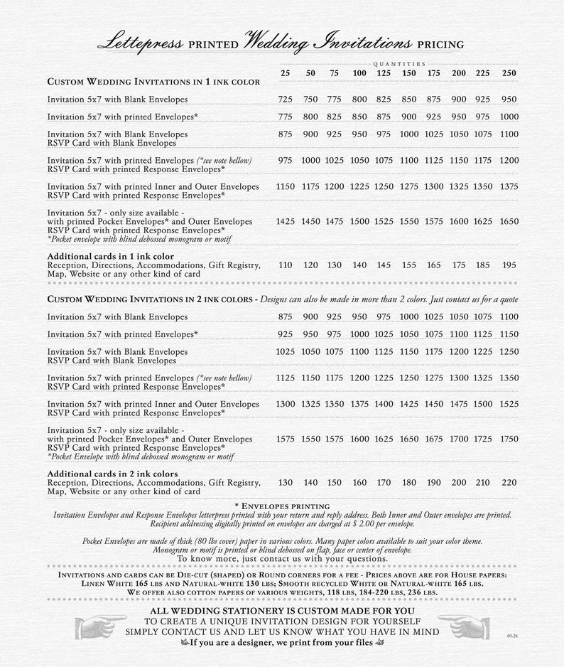 May include: Wedding invitations pricing guide with various options for custom invitations in 1 and 2 ink colors. Includes pricing for different quantities of invitations, RSVP cards, and additional cards. Features details on envelope printing and paper options.