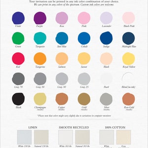 May include: A color chart for invitations, featuring a spectrum of ink colors and paper options. Includes swatches of various hues like violet, green, and red, alongside paper samples in linen, smooth recycled, and 100% cotton. Text reads "Ink Colors and Paper."