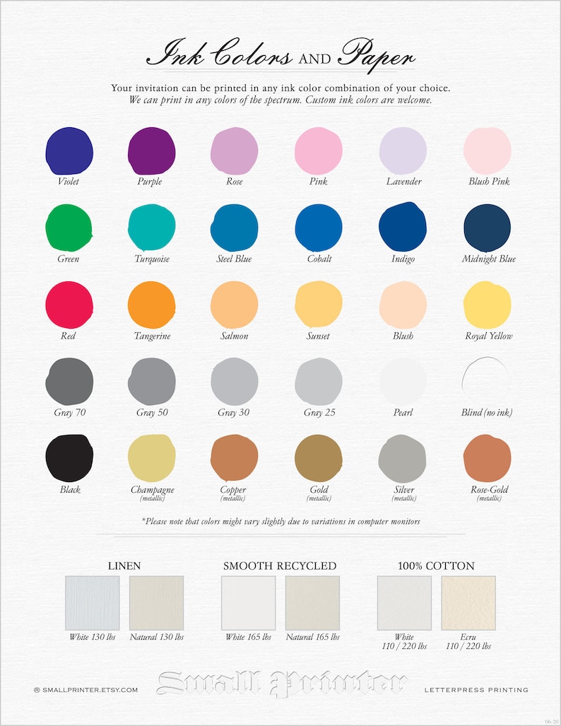 May include: A color chart for invitations, featuring a spectrum of ink colors and paper options. Includes swatches of various hues like violet, green, and red, alongside paper samples in linen, smooth recycled, and 100% cotton. Text reads "Ink Colors and Paper."
