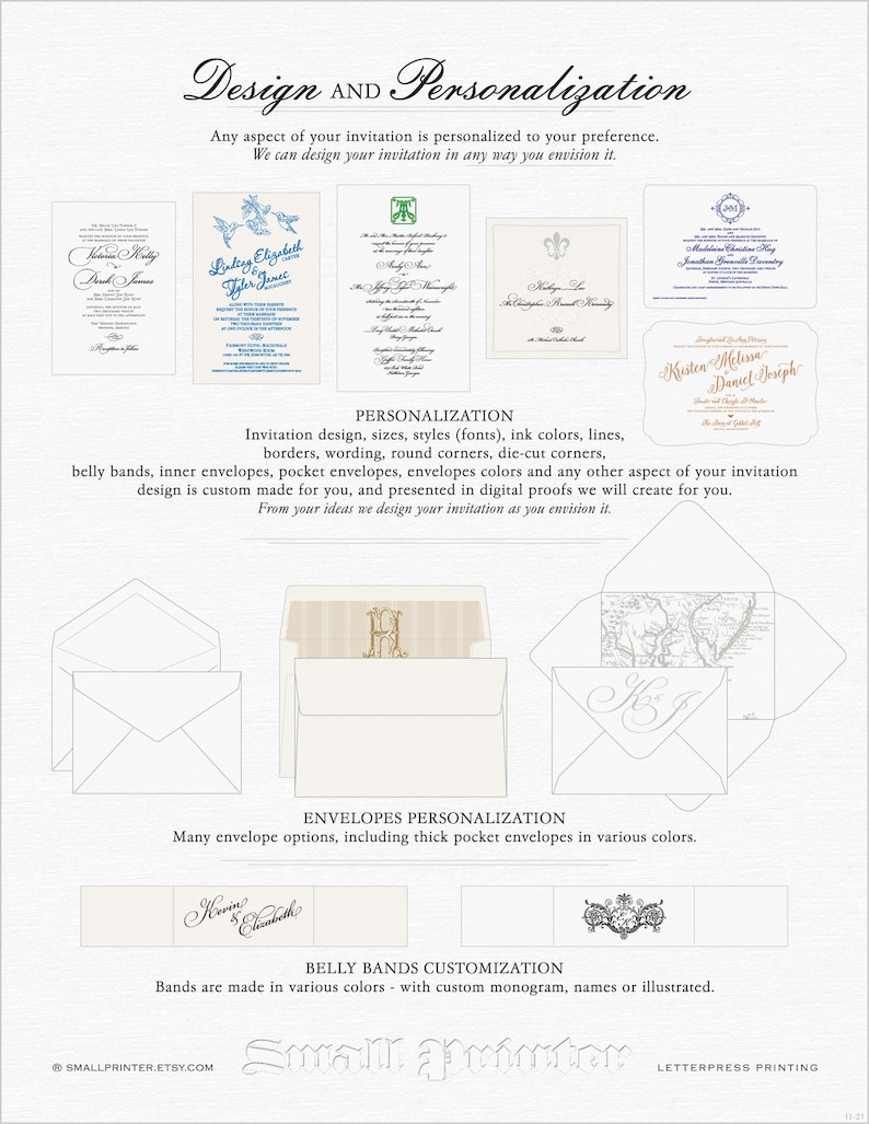 May include: A promotional image showcasing custom invitation design and personalization options. The image displays various invitation styles, envelope options, and belly band designs. Text includes "Design and Personalization" and details about customization.