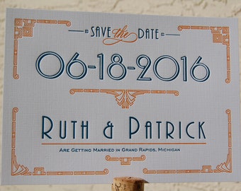 Letterpress Save the Date Card Sample, Save the Date Card, Custom Save the Date Card, Art Deco Save the Date, Save the Date and Envelope