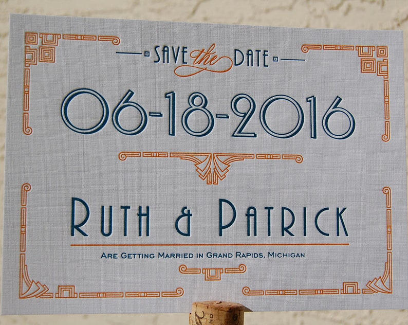 Letterpress Save the Date Card Sample, Save the Date Card, Custom Save the Date Card, Art Deco Save the Date, Save the Date and Envelope image 1