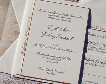 Letterpress Wedding Invitation Sample, Classic Windsor Wedding invitation, Cursive Wedding Invitations, Classic Wedding invitation Gold Edge