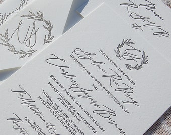 Letterpress Wedding Invitation Suite Sample, Monogram, Modern Wedding, Calligraphic, Windsor, Invitation Suite, Elegant Invitation, Gray