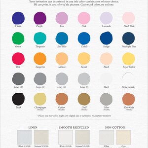 May include: A color chart for invitations, showcasing a spectrum of ink colors and paper options. Includes swatches of various hues like violet, red, and gold, along with paper samples in white and ecru. Text reads "Ink Colors and Paper."