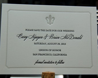 Letterpress Save the Date Card Sample, Save the Date card, Custom Save the Date Card, Fleur de Lis Save the Date, Classic Save the Date