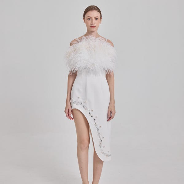 Feathers Adorned Black White Dress