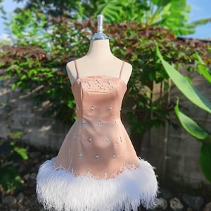 Feather dress decorated with rhinestones and beads,Make To Order