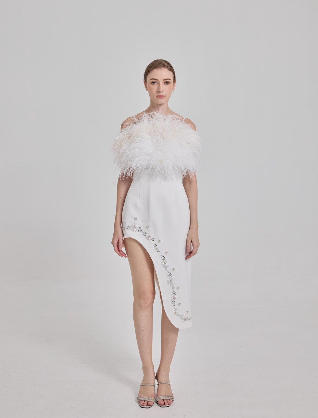 White Rhinestone Feather Trim Dress