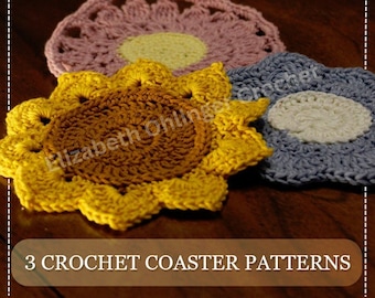 May include: Three handmade crochet coasters in the shape of flowers. One is yellow and brown, another is pink and yellow, and the third is blue and white. The text "3 Crochet Coaster Patterns" is at the bottom.
