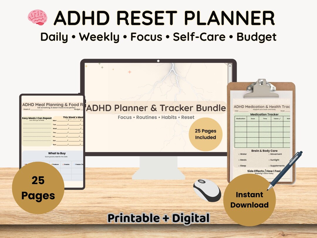 ADHD Planner Printable | Reset & Focus Workbook (25 Pages, Digital ...