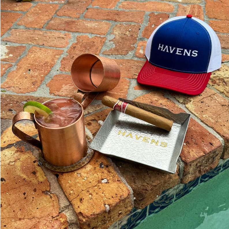 American made pure copper mule mugs with handles and a custom stainless steel ash tray. USA Made