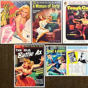 May include: A collection of vintage pulp fiction paperback books. The covers feature colorful illustrations of women and men in dramatic scenes. Titles include "Love Cheat," "A Woman of Forty," and "Tough Guy."