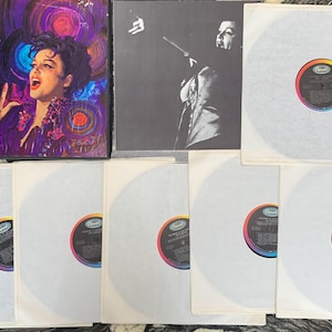 May include: A set of seven vinyl records with white paper sleeves. The records are all white with a rainbow colored label in the center. The record sleeves have the text "The Magic of Judy Garland" printed on the front.