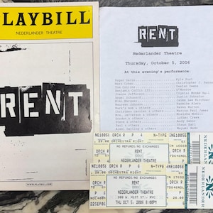 Playbill - Rent, Teatro Nederlander, octubre de 2006. Libreto, música y letra de Jonathan Larson, Roger Davis, Mark Cohen y Tom Collins. 2 entradas.