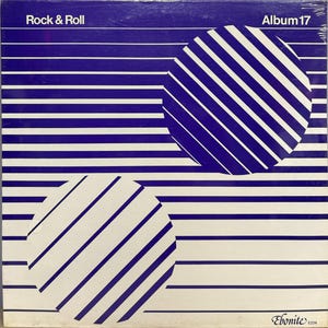 May include: A vintage record album cover with a blue and white striped background. The album title is "Rock & Roll" and the album number is "Album 17". Two white circles with blue stripes are on the cover.