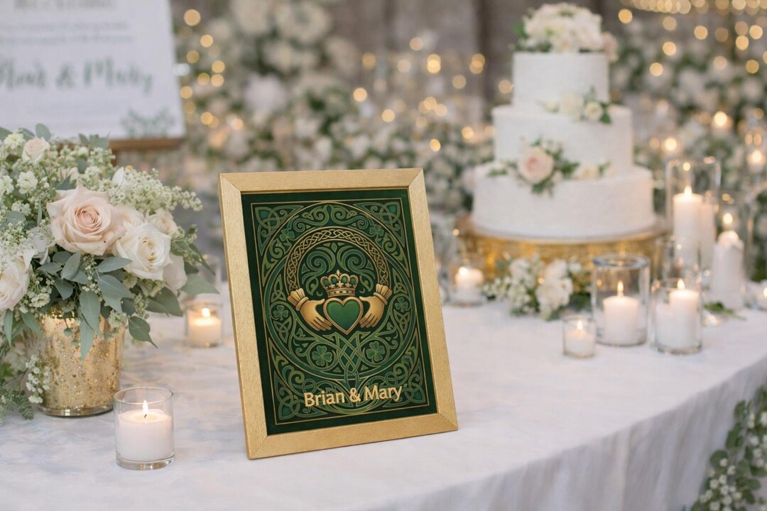 Gold Wood-framed Claddagh Wedding Sign W/ Personalization | St. Patrick ...