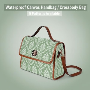 Waterproof Canvas Handbag with Brown Leather Trim | Vintage Pattern Shoulder Bag | Laptop iPad Bag