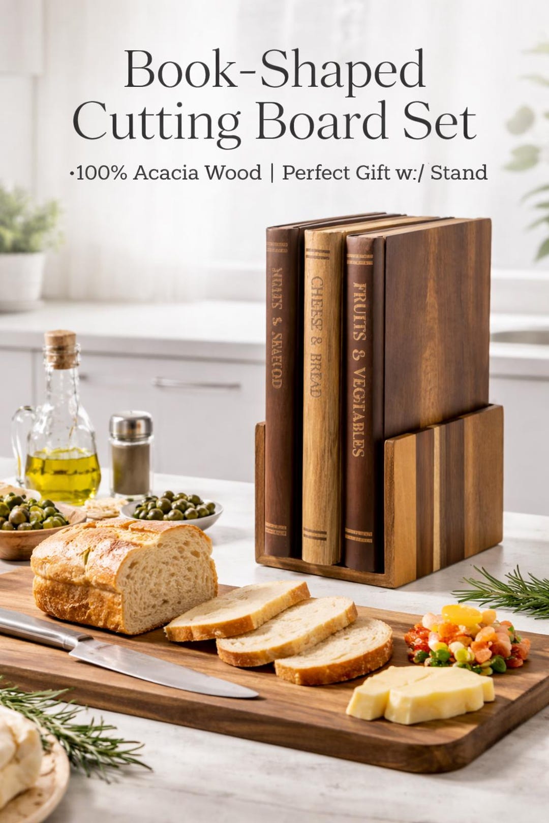 3 Book-Shaped Acacia Cutting Boards (3-Piece Set) | Wedding or Housewarming Gift