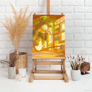 Stampa di illustrazione di anatra e pollo / Illustrazione divertente dipinta / Stampa artistica di personaggi / Illustrazione di casa sull'albero / Illustrazione stravagante