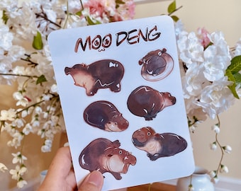 Moo Deng Sticker Sheet | Moo Deng Decor | Moo Deng Merch | Journal Sticker | Laptop Decor | Cute Hippo Sticker | Handmade Sticker Waterproof