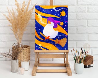 Halloween Duck and Chicken Art Print: Witch's Hat Illustration