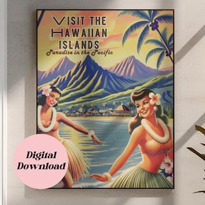 Póster vintage de viaje de surfista de las islas hawaianas, con temática playera de mediados de siglo y un aire tropical, decoración de pared imprimible de inspiración retro, superventas.