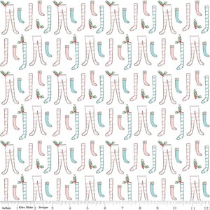 May include: White fabric with a repeating pattern of pink and blue striped stockings. The stockings are in various sizes and positions, creating a fun and festive design.