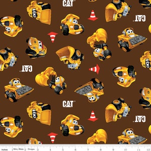 CAT Buildin Crew ~ Wigglers All Over ~ Brown ~ Construction Vehicles on Brown ~ Woven Cotton by the Yard