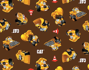 CAT Construction Vehicles Cotton Fabric - Brown Woven Cotton by the Yard