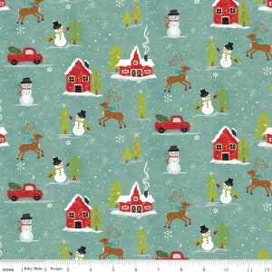 Christmas Cotton Fabric: Vintage Red Trucks, Snowmen, Barns - Riley Blake Designs