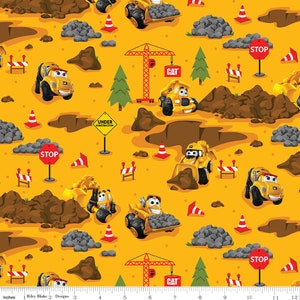 CAT Buildin Crew ~ Main Print on Yellow ~ CAT Construction Workers Fabric ~ Woven Fabric by the Yard