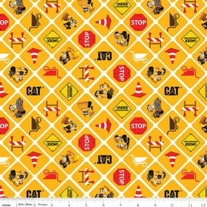 CAT Buildin Crew ~ Signs on Yellow ~ Woven Fabric by the Yard