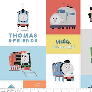 May include: A fabric panel featuring colorful illustrations of Thomas the Tank Engine and friends. The design includes various train characters, the text "THOMAS & FRIENDS", and the phrase "Hello, Adventure". The panel is approximately 12 inches wide.