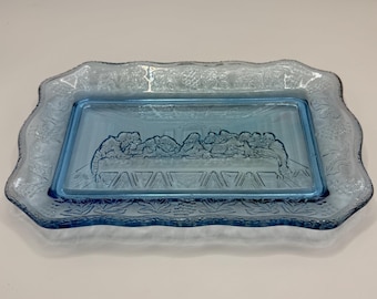 Vintage Indiana blue glass Last Supper serving dish