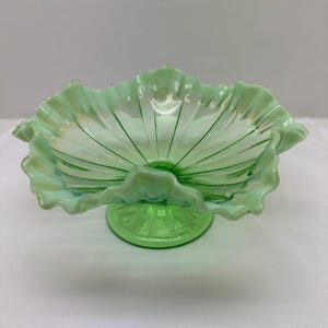Vintage or antique green opalescent Jefferson glass pedestal bowl