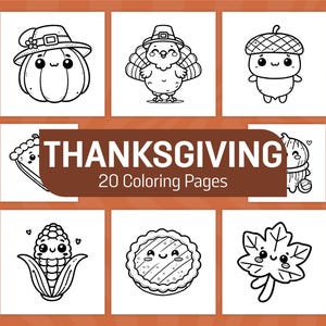 May include: A set of 20 coloring pages featuring cute Thanksgiving-themed characters. The characters include a pumpkin, a turkey, an acorn, a pie, a corn cob, and a leaf. Each character has a friendly face and is drawn in a simple, easy-to-color style.  The title "THANKSGIVING 20 Coloring Pages" is at the top of the page.