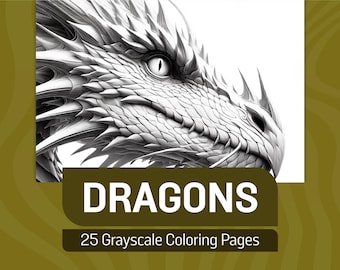 Drachen Malvorlagen für Erwachsene und Kinder | Graustufen-Drachen zum Ausmalen | Druckbares PDF Malbuch