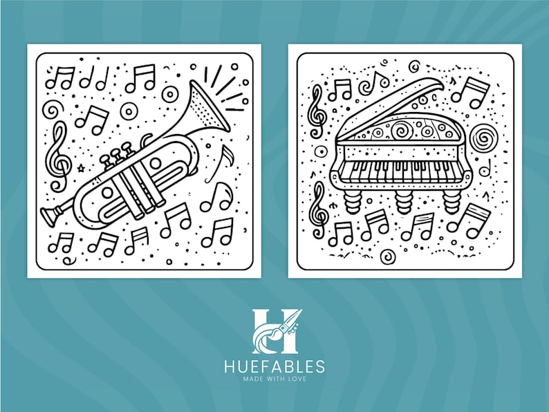 Digital coloring sheet showcasing a variety of musical instruments, ideal for early learners.