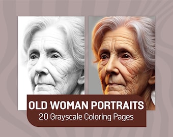 Grayscale Elderly Woman Portraits: Coloring Book Pages (PDF)