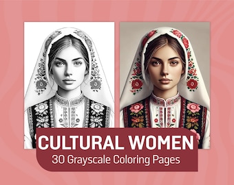 Cultural Women Grayscale Coloring Book: Traditional Portraits (PDF Pattern)